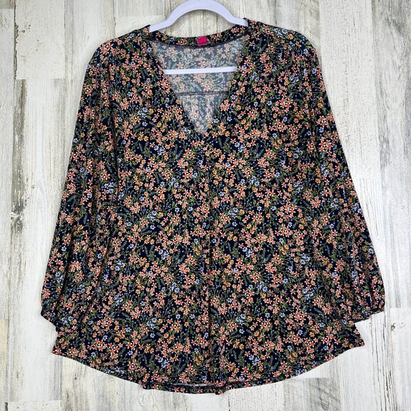 Vince Camuto Womens L Multi Floral Art Print Spring Blossom V Neck Stretch Top - Picture 1 of 9